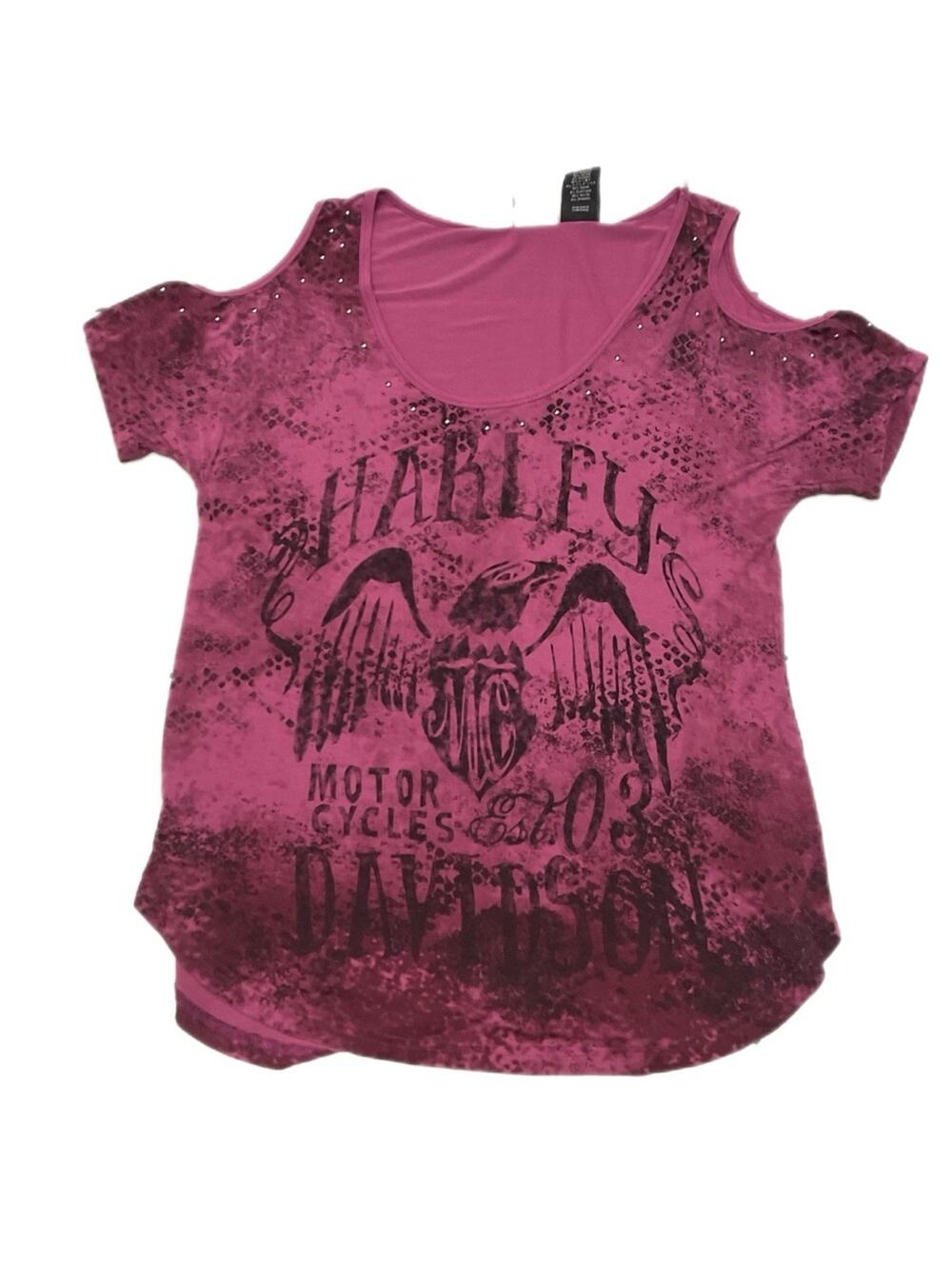 Harley-Davidson Women's Pink Rhinestone Cold Shoulder Top